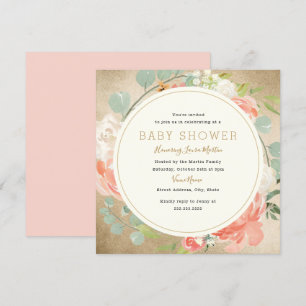Persika Guld Glans Krans Blommig Baby Shower Inbjudningar