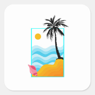 Persika, hav, sand, palmträd, snäcka fyrkantigt klistermärke