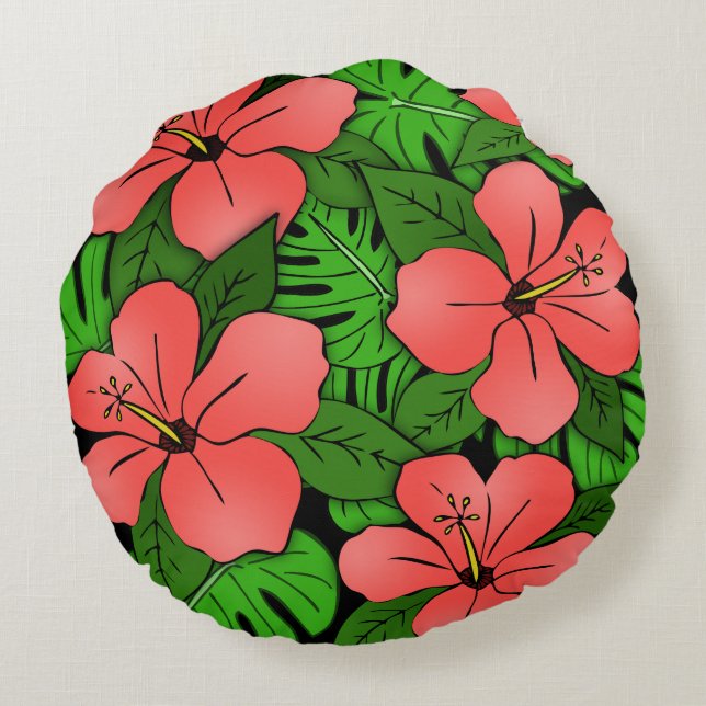 Persika Hibiskus & Monstera Rund Kudde (Baksidan)