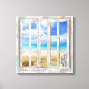 Persika i öppet fönsterkust inslagna canvastryck