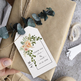 Persika korallblommor och monogram bröllop presentetikett