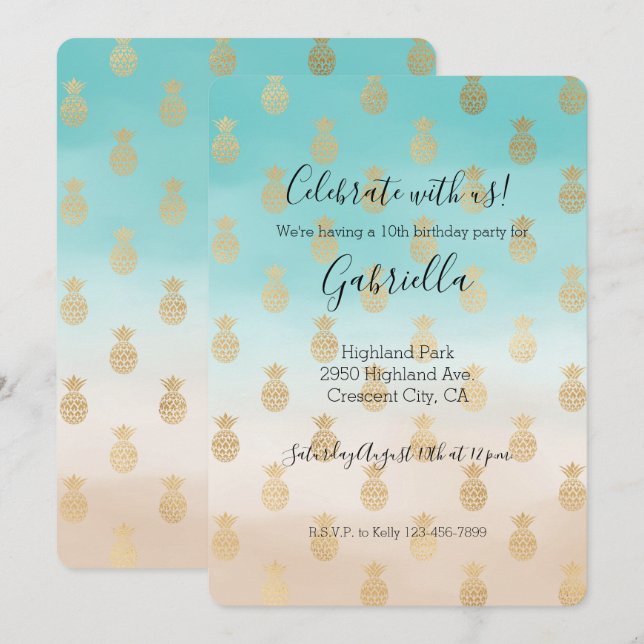 Persika Kräm Aqua Ombre Guld Pineapples Födelsedag Inbjudningar (Fram/baksida)
