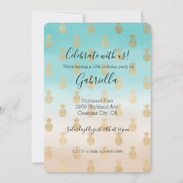 Persika Kräm Aqua Ombre Guld Pineapples Födelsedag Inbjudningar