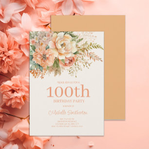 Persika Kräm Blommig 100-årsdag Inbjudningar
