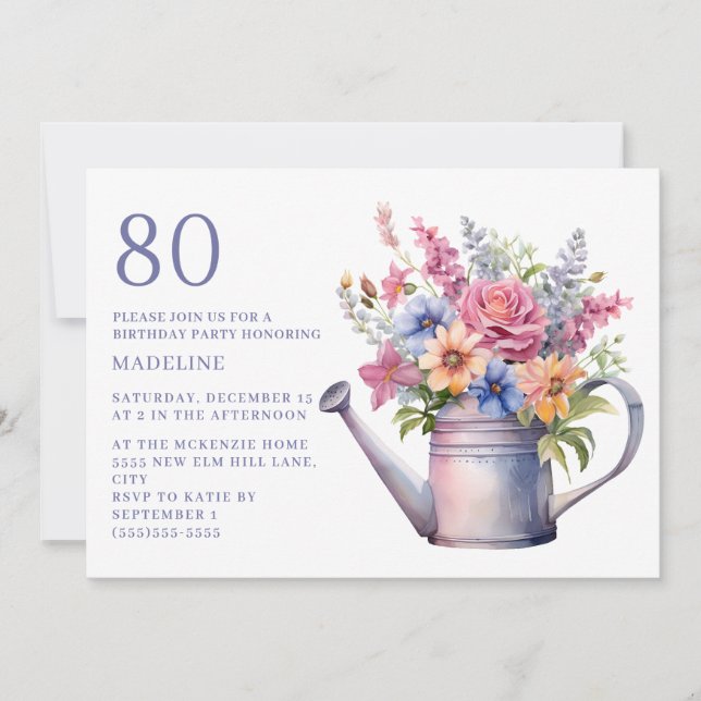 Persika Lila Blommig Vattenkanna 80-årsdag Inbjudningar (Framsida)
