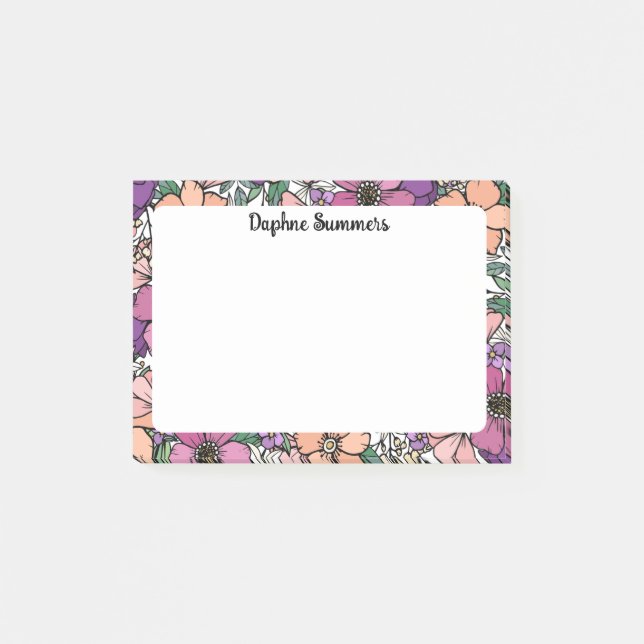 Persika & Lila Blommigt Mönster Namn i Script Post-it Block (Framsida)