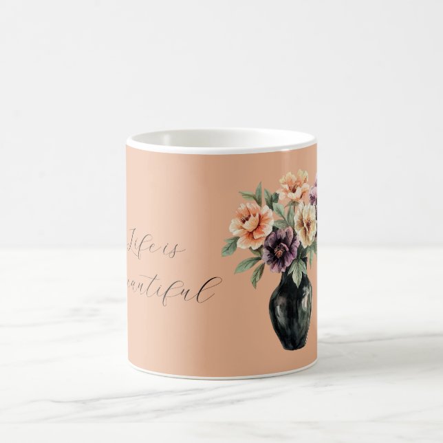 Persika Lila Blommor Svart Vas Kaffemugg (Center)