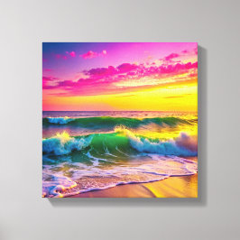 Persika med Gult och Rosa Vågar Oceanen Vibrant Canvastryck