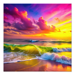 Persika med Gult och Rosa Vågar Oceanen Vibrant Fototryck