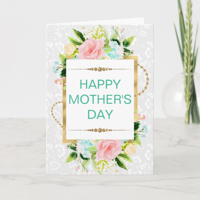 Persika Mint Blommor & Guld Glitter Mors Dag Kort (Framsida)