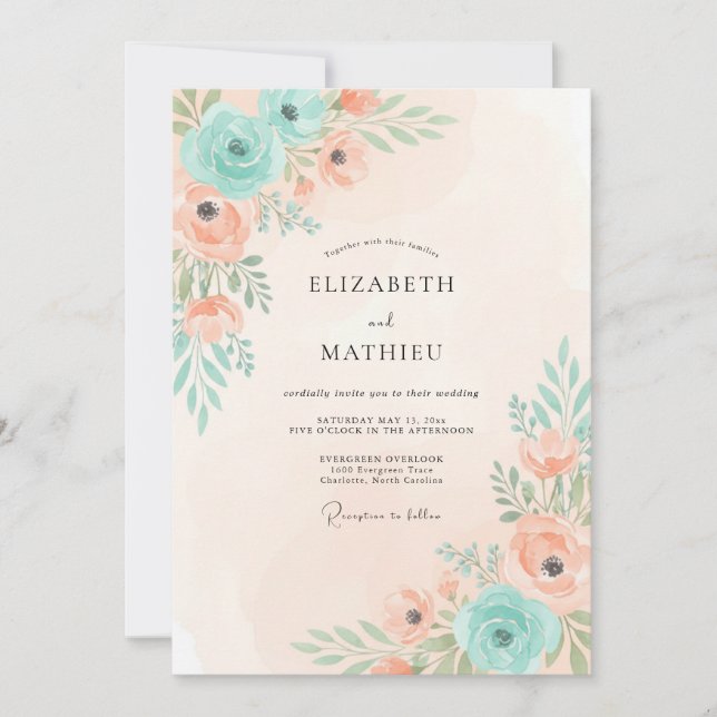 Persika Mint Floral Arrangemang Bröllop Inbjudningar (Framsida)