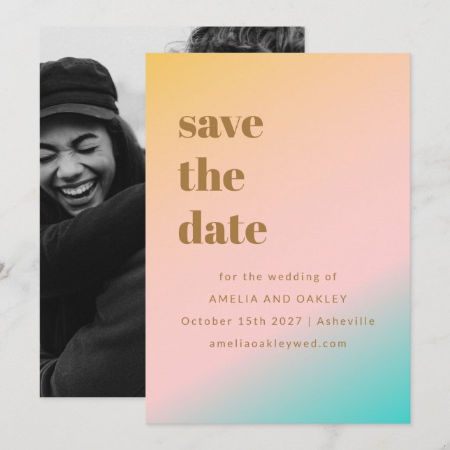 Persika Mint Ombre Fet Stil Typsnitt Bröllopsfoto Spara Datumet (Fram/baksida)