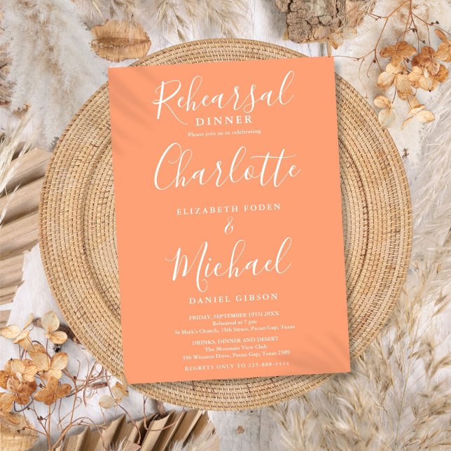 Persika Namnteckning skriptrepetitionsmiddag Inbjudningar (Peach Signature Script Rehearsal Dinner Invitation)