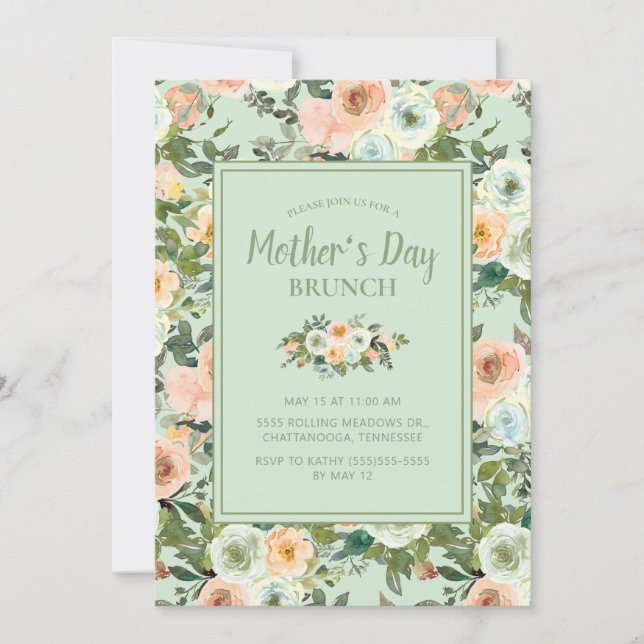Persika Neo Mint Damblå Blommig Mors Dag Inbjudningar (Framsida)