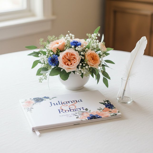 Persika och blå akvarell blommande bröllopsgäst b gästböcker (Skapare uppladdad)