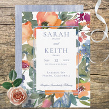 Persika och blå vattenfärg Blommigt Ram Bröllop
