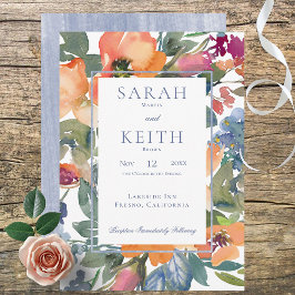 Persika och blå vattenfärg Blommigt Ram Bröllop Inbjudningar