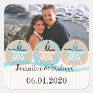 Persika- och Blue Sand Dollars Beach Wedding Fyrkantigt Klistermärke
