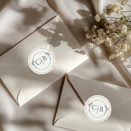 Persika och Crème Randig Monogram Bröllop Runt Klistermärke