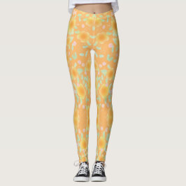 Persika- och färgton-Grönt blommad Leggings