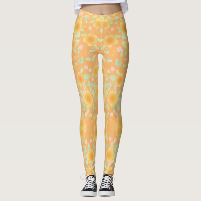 Persika- och färgton-Grönt blommad Leggings (Framsida)