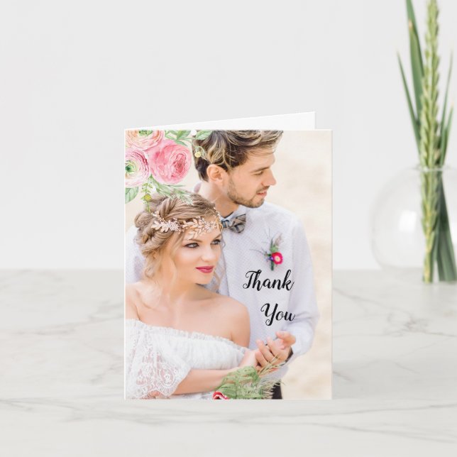 Persika och grön blomsterfotografiskt bröllop tack kort (Framsida)