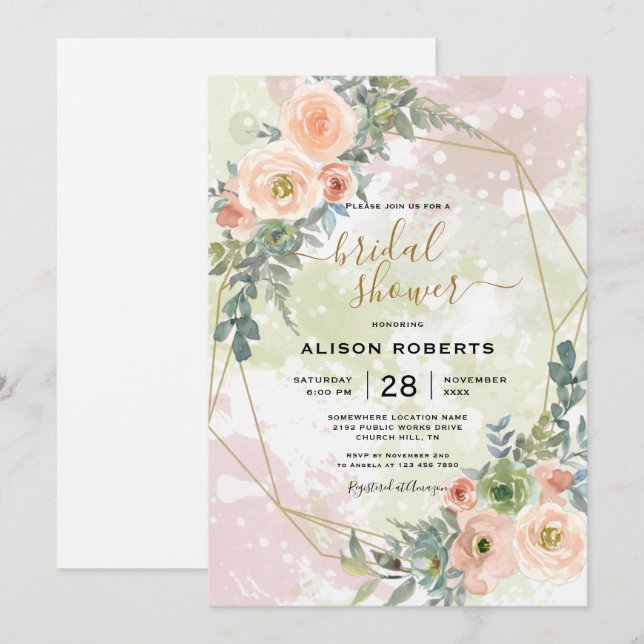 Persika och Grönt Guld geometriskt Ram Inbjudningar (Fram/baksida)