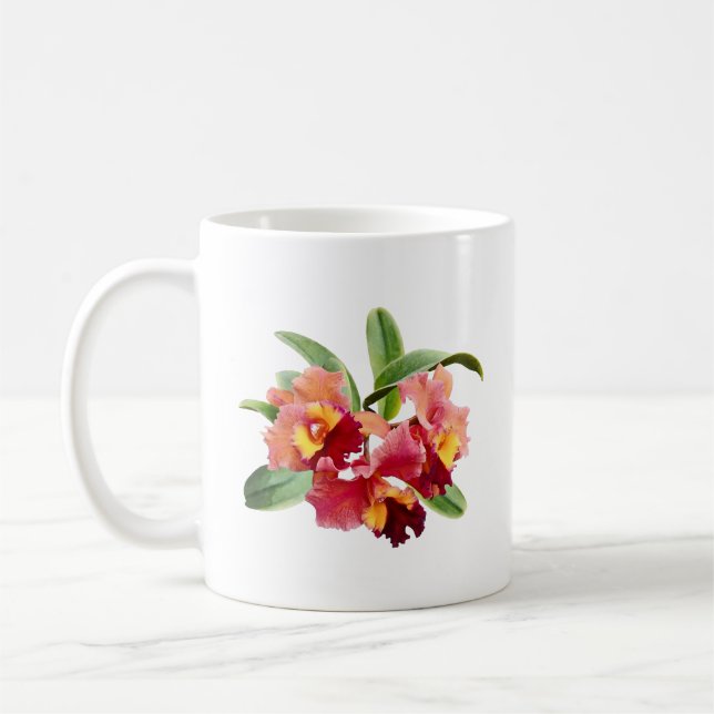 Persika och karmosinröd Cattleya-orkidé Kaffemugg (Vänster)