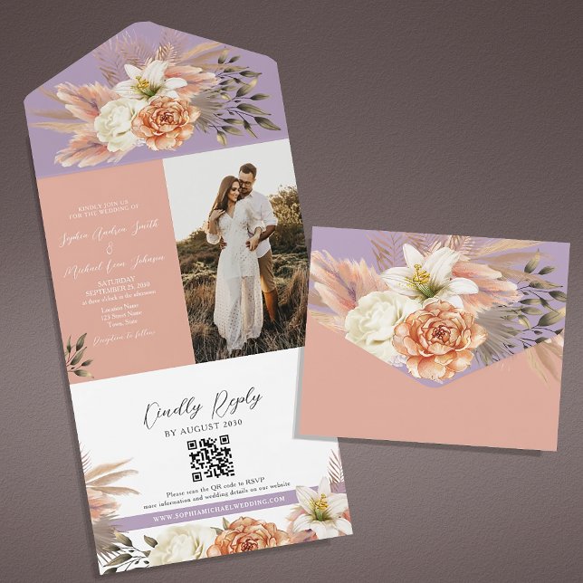 Persika och lila blomster QR-kod bröllopsinbjudan (Skapare uppladdad)