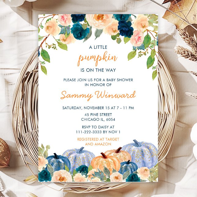 Persika och Marinblå Pumpa Baby Shower Inbjudningar (Skapare uppladdad)