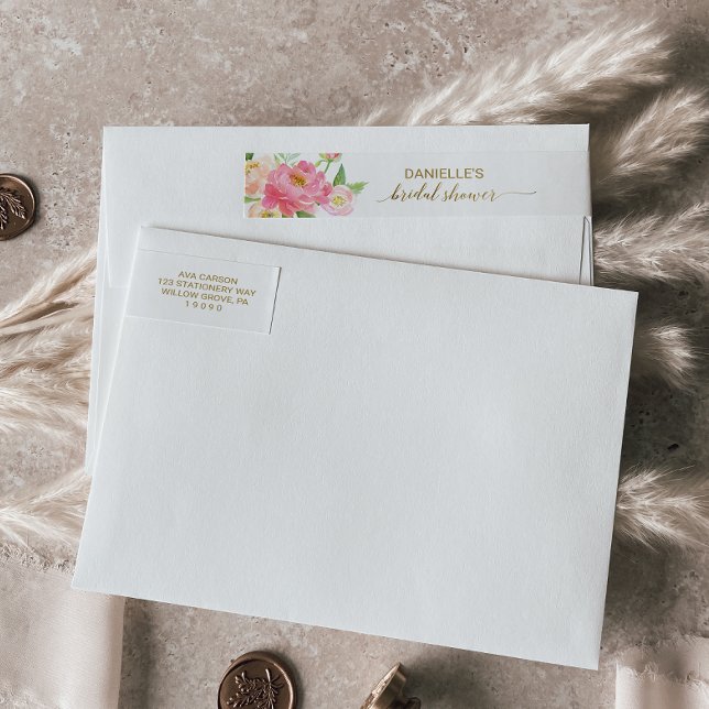 Persika- och rosa peonyblommor bröllopsdusch etikettband (Skapare uppladdad)