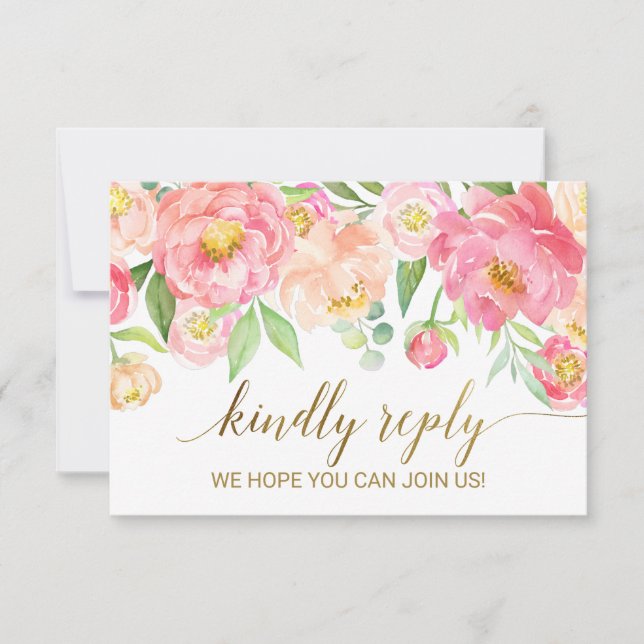 Persika- och rosa peonyblommor Menyval RSVP-kort OSA Kort (Framsida)