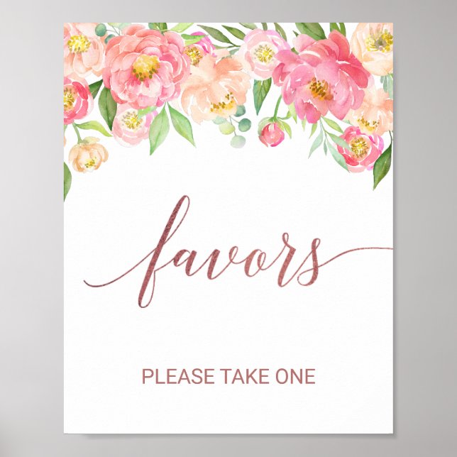 Persika och Rosa Pion Blommor Roséguld Förmånsskyl Poster (Framsidan)