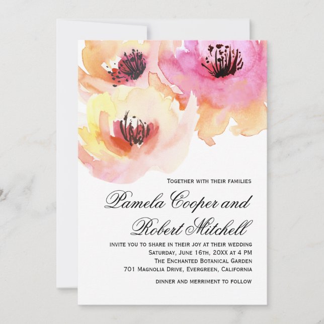Persika och Rosa Watercolor Blommigt Bröllop Inbjudningar (Framsida)