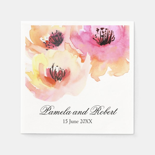 Persika och Rosa Watercolor Blommigt Bröllop Pappersservett (Framsidan)