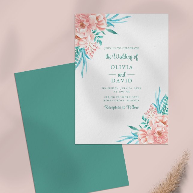Persika och turkos blomsterbröllop sommaren inbjudningar (Peach and Turquoise Floral Summer Wedding Invitation on a pale pink table.)