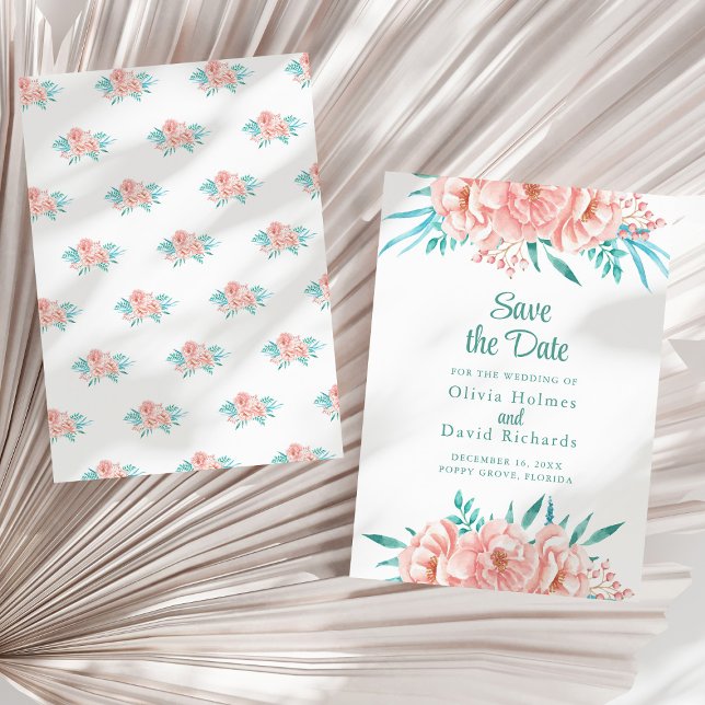 Persika och turkos Spara datum-kort Datumet (Peach and Turquoise Save the Date Card on a sunny white dry palm leaf.)
