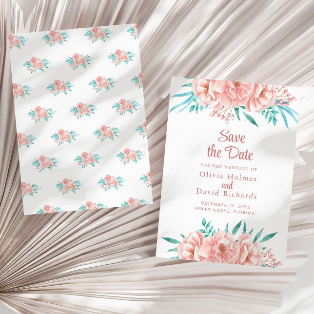 Persika och turkos Spara datum-kort Datumet (Peach and Turquoise Save the Date Card on a sunny white dry palm leaf.)