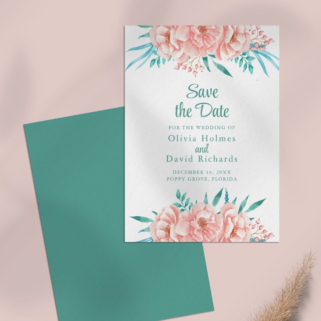 Persika och turkos Spara datumkortet Spara Datumet (Peach and Turquoise Save the Date Card on a pale pink table.)