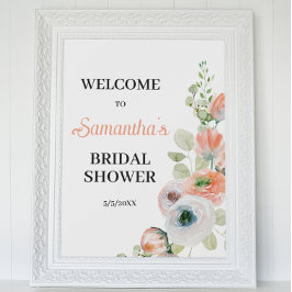 Persika och vit blomsterbröllopsdusch-välkommen poster