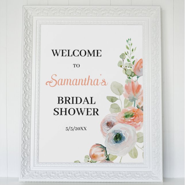 Persika och vit blomsterbröllopsdusch-välkommen poster (Skapare uppladdad)