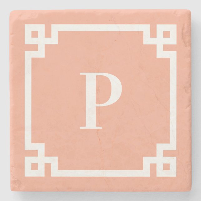 Persika och vit grekisk nyckel kant monogram stenunderlägg (Framsidan)