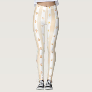 Persika och vit Rand - Hjärtor, Blommor, Färgutskr Leggings