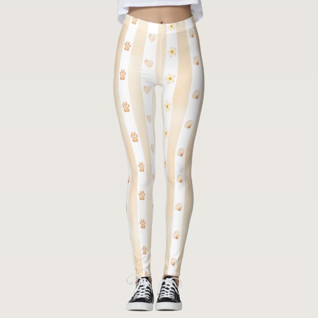 Persika och vit Rand - Hjärtor, Blommor, Färgutskr Leggings (Framsida)
