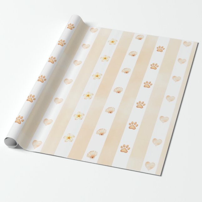 Persika och vit Rand - Hjärtor, Blommor, Färgutskr Presentpapper (Utrullad)