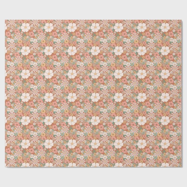 Persika och vita retro-daisy blomster mönster  presentpapper (Platt)