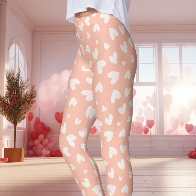 Persika och Vitt Hjärtmönster Alla Hjärtans Dag Leggings (Skapare uppladdad)