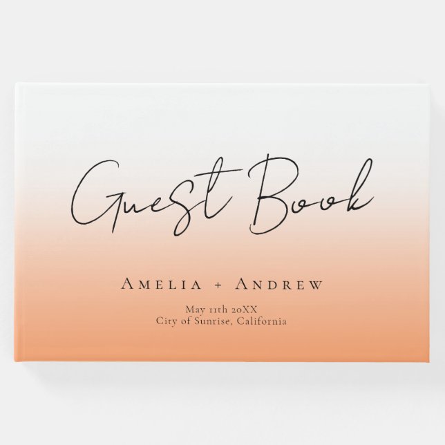 Persika Orange Fuzz Minimal Script Elegant bröllop Gästböcker (Framsida)