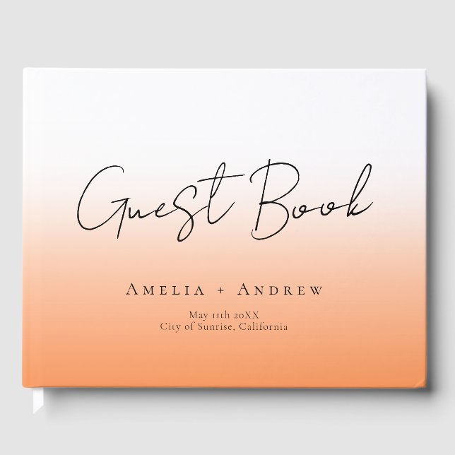 Persika Orange Fuzz Minimal Script Elegant bröllop Gästböcker (Framsida)