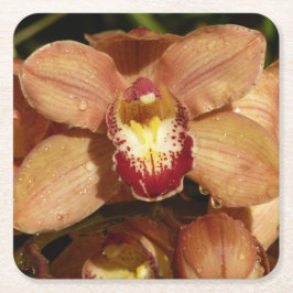 Persika Orchids med Blommigten Raindrops Underlägg Papper Kvadrat